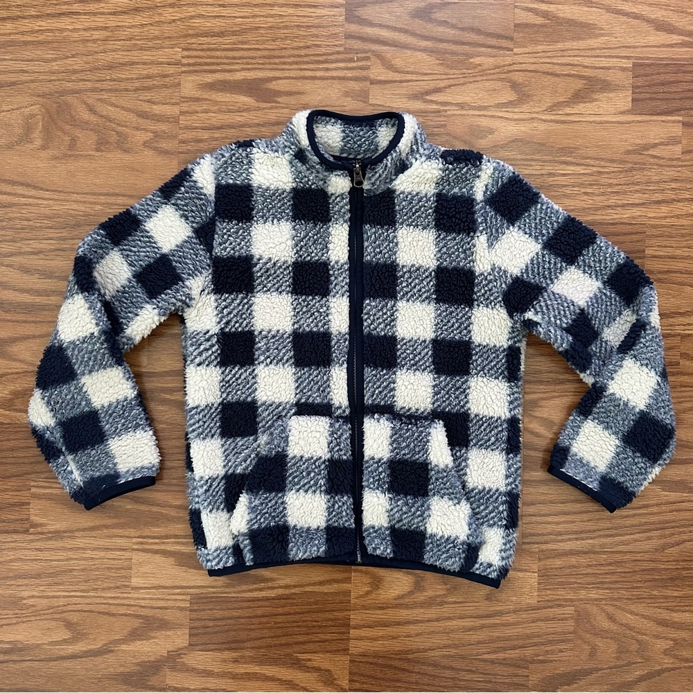 The Children’s Place Boys 7-8 Fleece Full Zip Jacket Checkered White Blue EUC!